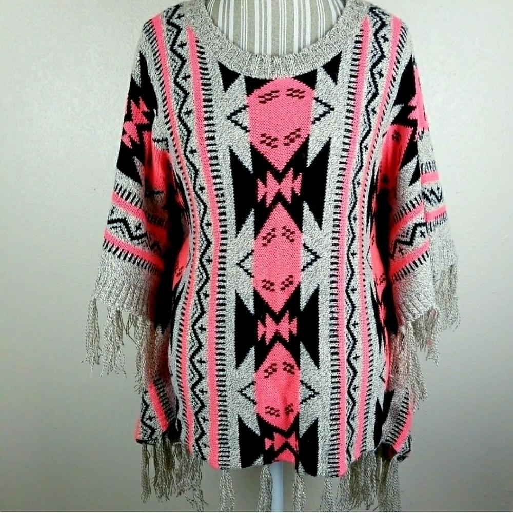 Southwestern Fringe Pink & Grey Geometric Knit Caftan Sweater